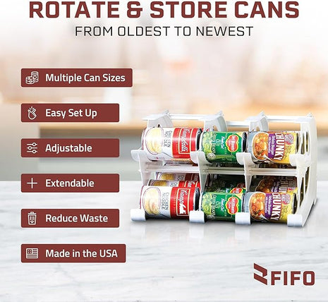 FIFO Countertop Mini Can Tracker Hold Up To 30 Standard 10 to 24 Ounce Can Sizes for Pantry Organization and Food Storage, USA Made, White (2 Pack)