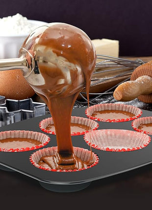 NutriChef 8-Piece Stackable Nonstick Bakeware Set - Premium Steel Baking Pans Set - Includes Round Cake Pan, 6-Cup Muffin Pans, Wide/Square Brownie & Loaf Pans, Cookie Sheet, & Roaster Pan (Black)