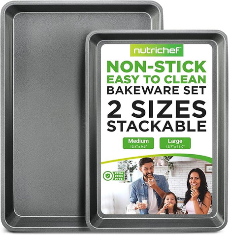 NutriChef 2-Piece Large & Medium Cookie Sheets for Baking - Non Stick Baking Sheet for Cookies, Sheet Cakes & Roasting - Dishwasher Safe - Gray