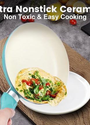 Pots and Pans Set, 7 Piece Nonstick Ceramic Cookware Set, Kitchen Induction Cookware Sets, Pots and Pans Non Stick with Stay Cool Handle, 100% PFOA Free, Turquoise