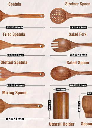 9pc Teak Wooden Utensils - Natural Teak Cooking Utensils with Premium Gift Box - Kitchen Gift Set
