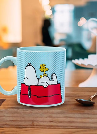 Silver Buffalo Peanuts Snoopy and Woodstock on House Blue Dot Background Ceramic Coffee Mug, 20 Ounces
