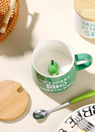 BigNoseDeer Cute Dinosaur Mug Ceramic Coffee Mug with 3D Cartoon Dino Inside,Funny Mugs with lid Spoon,White Elephant Gifts for Adults,Gag Gifts for Women Animal Gift Cute Stuff Cool Stuff