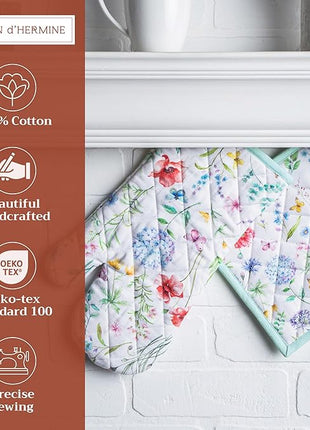 Maison d' Hermine 100% Cotton Oven Mitt & Pot Holder Set (7.5"x13" & 8"x8") Heat Resistant BBQ Cooking Gloves with Loop, Baking, Grilling, Kitchen, Handling Hot Pans Spring/Summer (Just Floral)