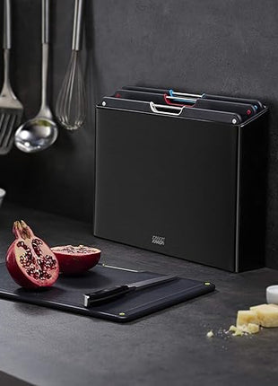 Joseph Joseph Folio 4-Piece Colour coded Cutting Board Set, Stainless Steel Slimline case for organized Kitchen storage, Black