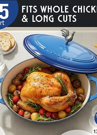 MUELLER HOME 5.5 Quart Enameled Cast Iron Oval Dutch Oven w Rooster Knob & Cotton Potholders, Heavy-Duty Cookware, Oven-Safe up to 500° F & Across All Cooktops, Gifts for Grandma & Women, Aqua Blue