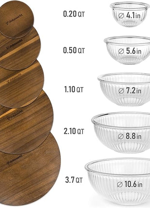Stackable Space-Saving Set of 5 Nesting Glass Bowls with Acacia Lids for Foodprep, Storage, Mixing & Cooking - Microwave & Oven-ready BPA Free Durable Heat Resistant Inert Borosilicate Glass