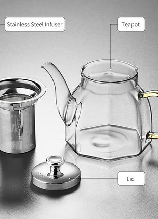 Glass Tea Pot with Stainless Steel Infuser and Lid (Octagonal), Clear Glass Teapot, Borosilicate Hydrochloric Glass Heat Resistant, Fine Glass Filter for Flower Tea, Tea Bags (27 oz / 800 ml)