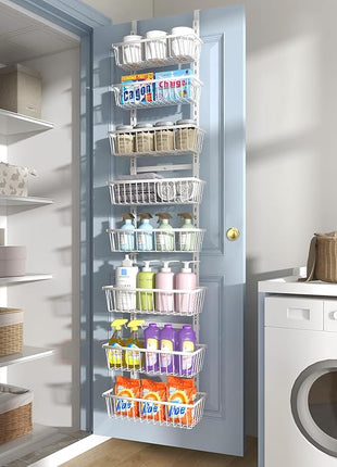 White 12 Inch Wide Narrow Over The Door Pantry Organizer, Pantry Organization and Storage, 8-Tier Metal Hanging Deep Basket Wall Spice Rack Seasoning Shelves, Home & Kitchen Essentials
