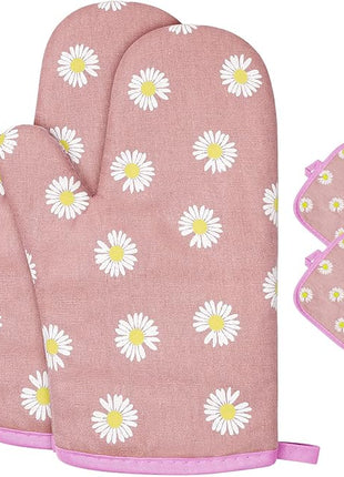 AUAUY Oven Mitts and Potholders, BBQ Gloves Heat Resistant, 1 Pair Oven Mitts and 2 Pot Holders, Cotton Non-Slip Cooking Gloves for Cooking Baking Kitchen Microwave Pizza(Daisy-Pink)