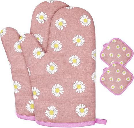 AUAUY Oven Mitts and Potholders, BBQ Gloves Heat Resistant, 1 Pair Oven Mitts and 2 Pot Holders, Cotton Non-Slip Cooking Gloves for Cooking Baking Kitchen Microwave Pizza(Daisy-Pink)