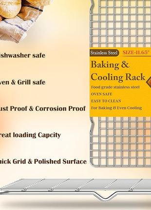 2PCS Cooling Racks for Cooking and Baking -11.65''x16.85''Heavy Duty Stainless Steel Wire Rack for Baking, Grilling, Roasting - Oven & Dishwasher Safe - Fits Half Sheet Pan（Silver）