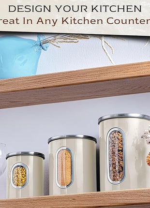 Moss & Stone 3-Piece Beige Canisters Sets For The Kitchen, Airtight Canister Set With See Through Window, Storage Jars for Coffee Container, Tea Organizer & Sugar Canister, Beige Kitchen Canisters