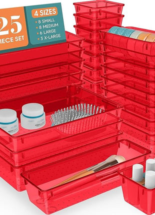 WOWBOX 25 PCS Plastic Drawer Organizer Set, 4 Sizes Desk Drawer Divider Organizers and Storage Bins for Makeup, Jewelry, Gadgets for Kitchen, Bedroom, Bathroom, Office, Clear Red