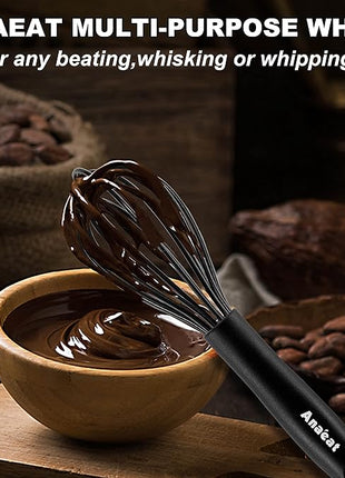 Anaeat Silicone Kitchen Whisk Set of 4, Perfect for Non-Stick Cookware, Egg Beater Milk Blender for Whisking, Cooking, Baking, Beating - 11'' Flat Whisk and 8.5''+10.5''+12'' Balloon Whisks (Black)