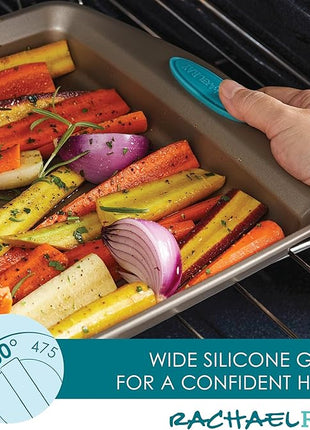 Rachael Ray 47578 Cucina Nonstick Bakeware Set with Grips Includes Nonstick Bread Pan, Baking Sheet, Cookie Sheet, Baking Pans, Cake Pan and Muffin Pan - 10 Piece, Latte Brown with Agave Blue Grips