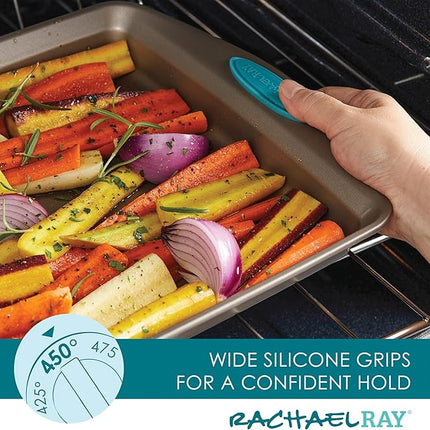 Rachael Ray 47578 Cucina Nonstick Bakeware Set with Grips Includes Nonstick Bread Pan, Baking Sheet, Cookie Sheet, Baking Pans, Cake Pan and Muffin Pan - 10 Piece, Latte Brown with Agave Blue Grips