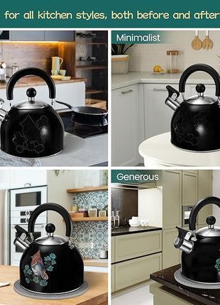ARC Stainless Steel Whistling Tea Kettle for Stovetop, Magic Color Changing Design Teapot for Stovetop, 2 Quart Black Tea Kettle with Silicone Trivet Mat for Heat Resistant & Folding Cup
