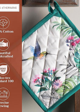 Maison d' Hermine Pot Holders Set 100% Cotton Heat Resistant Potholders 8" x 8" Hot Pads with Loop BBQ, Cooking, Baking, Grilling, Kitchen, Handling Hot Pans Spring/Summer (Pack of 2, Tropiques)