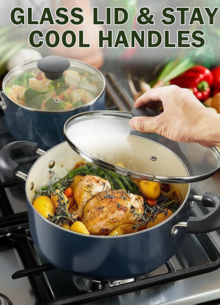 Cook N Home Pots and Pans Set Nonstick, 10-Piece Ceramic Kitchen Cookware Sets, Nonstick Cooking Set with Saucepans, Frying Pans, Dutch Oven Pot with Lids, Blue