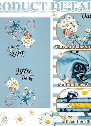 Boyiee Set of 6 Daisy Flower Kitchen Towels Daisy Stripes Tea Towels Floral Absorbent Dishtowels 24 x 16 Inches Housewarming Gifts Blue Hand Wash Cloth for Farmhouse Kitchen Bathroom Decorations