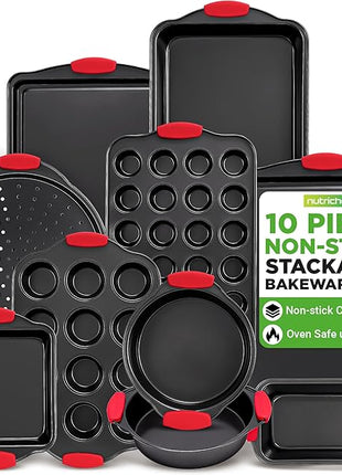 NutriChef 10-Piece Nonstick Kitchen Oven Baking Pans - Premium & Stylish Non-Stick Carbon Steel - Commercial Grade Restaurant Quality Metal Bakeware with Silicone Handles - Easy to Clean, NCSBS10S