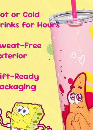 Dragon Glassware x SpongeBob SquarePants 24 oz Vacuum Insulated Tumbler with Lid and Straw - Tumbler Cup with 2 Straws - Stainless Steel Tumbler with Straw for Water, Iced Tea - SpongeBob - Pink