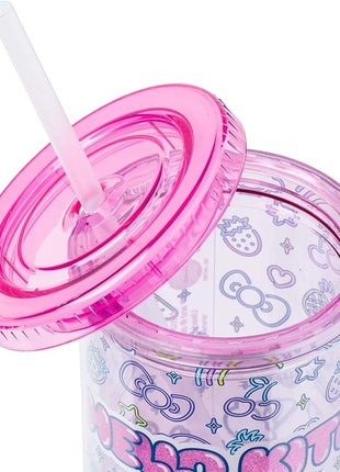 Silver Buffalo Sanrio Hello Kitty Neon Fruit Pattern Plastic Cold Cup with Lid and Straw, 20 Ounces