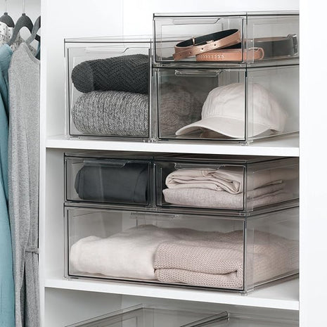 mDesign Plastic Stackable Closet Storage Organizer Bins with Pull Out Drawer for Cabinet, Desk, Shelf, Cupboard, or Dresser Organization - Lumiere Collection - Clear