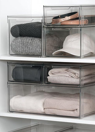 mDesign Plastic Stackable Closet Storage Organizer Bins with Pull Out Drawer for Cabinet, Desk, Shelf, Cupboard, or Dresser Organization - Lumiere Collection - 4 Pack - Clear