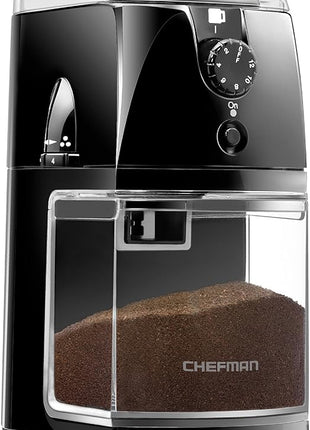 Chefman Coffee Grinder Electric Burr Mill - Freshly Grinds Up to 2.8oz Beans, Large Hopper with 17 Grinding Options for 2-12 Cups, Easy One Touch Operation, Cleaning Brush Included, Black