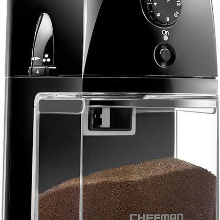 Chefman Coffee Grinder Electric Burr Mill - Freshly Grinds Up to 2.8oz Beans, Large Hopper with 17 Grinding Options for 2-12 Cups, Easy One Touch Operation, Cleaning Brush Included, Black
