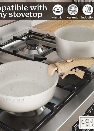 Country Kitchen Cookware Set with Removable Handle, Oven & RV Safe Pots and Pans Set, Cream Gold Speckle Wood Handle, Original