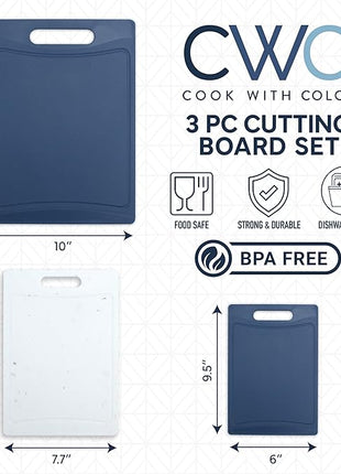 COOK WITH COLOR Non-Slip Cutting Board Set – Kitchen Essentials with Easy Grip Handle for Meat, Veggies, and Fruits, 3 Cutting Boards, Blue and White Marble