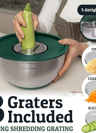 Priority Chef Stainless Steel Mixing Bowls with Lids Set, Metal Nesting Bowls with Airtight Lids, Graters, Non-Slip Base & Measurement Marks, Includes Utensil Set for Prep, Baking & Storage, Green