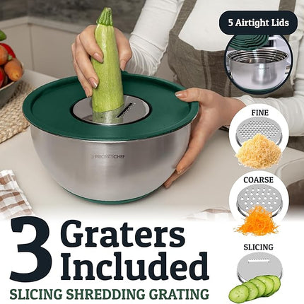 Priority Chef Stainless Steel Mixing Bowls with Lids Set, Metal Nesting Bowls with Airtight Lids, Graters, Non-Slip Base & Measurement Marks, Includes Utensil Set for Prep, Baking & Storage, Green
