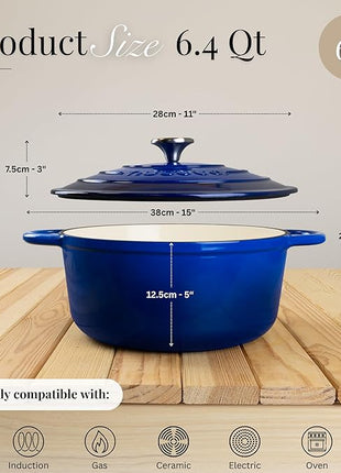 Nuovva Enamelled Cast Iron Dutch Oven Pot with Lid – 6.4 Quart Non Stick Casserole Pot – Heavy Duty & Oven Safe up to 500° F for Bread Baking, Braising, Stews, Roasting – 28cm Dark Blue