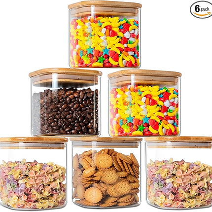 YUNCANG Glass Storage Jars 27oz [Set of 6],Clear Glass Food Storage Containers with Airtight Bamboo Lid Stackable Kitchen Canisters for Candy,Cookie,Rice,Sugar,Flour,Pasta(Square)
