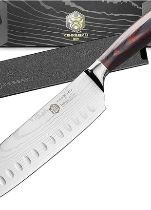 KESSAKU Santoku Knife - 7 inch - Samurai Series - Razor Sharp Kitchen Knife - Forged 7Cr17MoV High Carbon Stainless Steel - Wood Handle with Blade Guard