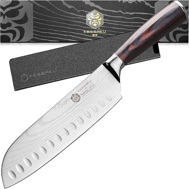 KESSAKU Santoku Knife - 7 inch - Samurai Series - Razor Sharp Kitchen Knife - Forged 7Cr17MoV High Carbon Stainless Steel - Wood Handle with Blade Guard