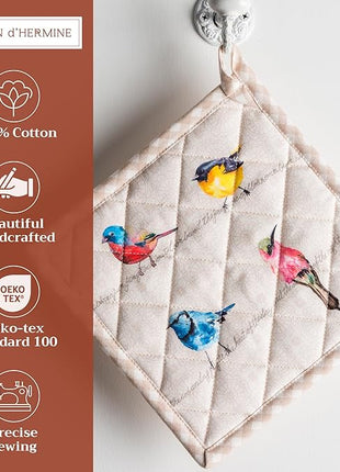 Maison d' Hermine Pot Holders set 100% Cotton Heat Resistant Potholders 8" x 8" Hot Pads with Loop BBQ, Cooking, Baking, Grilling, Kitchen, Handling Hot Pans Spring/Summer (Pack of 2, Birdies On Wire)