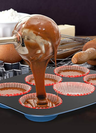 NutriChef 8-Piece Nonstick Stackable Bakeware Set - PFOA, PFOS, PTFE Free Baking Tray Set w/Non-Stick Coating, 450°F Oven Safe, Round Cake, Loaf, Muffin, Wide/Square Pans, Cookie Sheet (Blue)