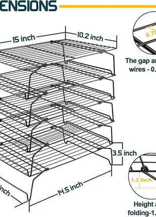 P&P CHEF Cooling Rack, 5-Tier Stainless Steel Stackable Baking Cooking Racks for Cooling Roasting Grilling, Collapsible & Heavy Duty, Oven Safe & Easy Clean, 15" x 10", Black