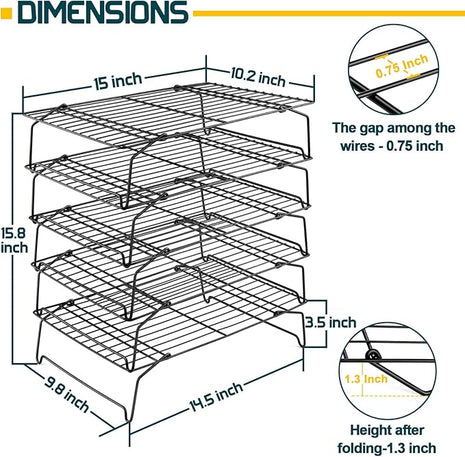 P&P CHEF Cooling Rack, 5-Tier Stainless Steel Stackable Baking Cooking Racks for Cooling Roasting Grilling, Collapsible & Heavy Duty, Oven Safe & Easy Clean, 15" x 10", Black