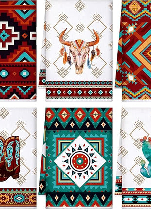 Boyiee Set of 6 Southwestern Kitchen Towels Boho Aztec Theme Dishtowel Native American Hand Tea Towels 24 x 16 Inches for Absorbent Kitchen Decor with Hanging Loop for Room Home Housewarming Gift