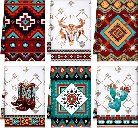 Boyiee Set of 6 Southwestern Kitchen Towels Boho Aztec Theme Dishtowel Native American Hand Tea Towels 24 x 16 Inches for Absorbent Kitchen Decor with Hanging Loop for Room Home Housewarming Gift