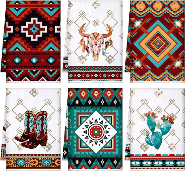 Boyiee Set of 6 Southwestern Kitchen Towels Boho Aztec Theme Dishtowel Native American Hand Tea Towels 24 x 16 Inches for Absorbent Kitchen Decor with Hanging Loop for Room Home Housewarming Gift