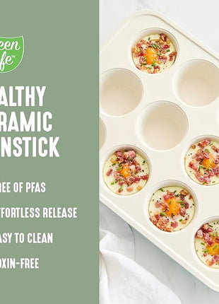 GreenLife 12-Cup Muffin Pan, PFAS-Free Healthy Nonstick Baking Tray, 11.4" x 1.9" x 15.9", Durable Ceramic Bakeware, Cupcakes, Egg Bites, Tarts, Brownies, Sage