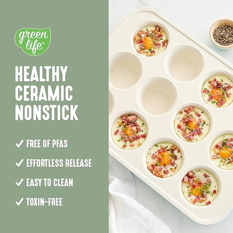 GreenLife 12-Cup Muffin Pan, PFAS-Free Healthy Nonstick Baking Tray, 11.4" x 1.9" x 15.9", Durable Ceramic Bakeware, Cupcakes, Egg Bites, Tarts, Brownies, Sage