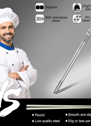 Metal Chopsticks Reusable 18/8 Stainless Steel Chopsticks Multipack Dishwasher Safe Chop Sticks Cute Laser Engraved Non-slip Japanese Korean Chopstick for Cooking Eating 9 1/4 Inches 5 Pairs Gift Set